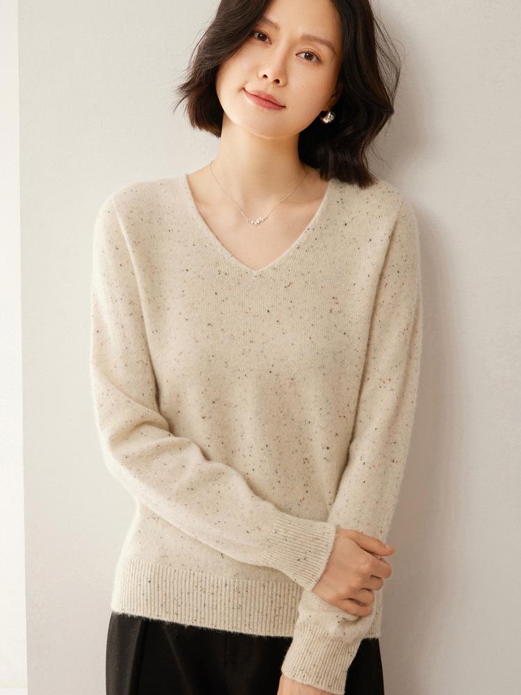 Women's V-Neck Dot Yarn Wool Sweater - Thick, Warm, Versatile Knitwear for Autumn and Winter