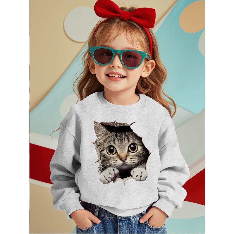 European Size Comfortable Round-Neck Sweatshirt Featuring a Cute Cat Design - a Casual Pullover Suitable for Autumn And Winter