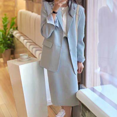 2Pcs/Set Women Suit Set Lapel Long Sleeve Flap Pockets Suit Coat High Waist Midi Skirt Set Solid Color Office Lady Suit Workwear