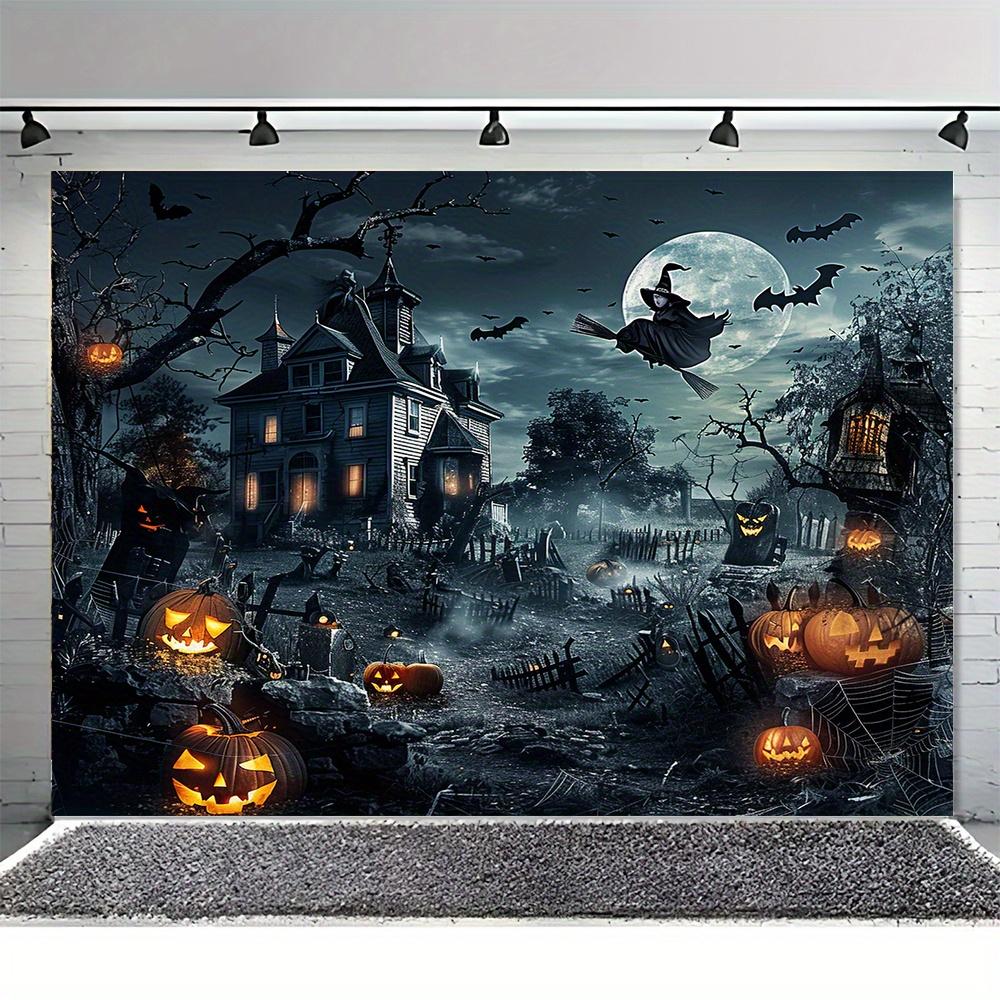 pc 2D flat Halloween party backdrop - horror castle, witch, bat, graveyard and pumpkin design, no power required——sjs