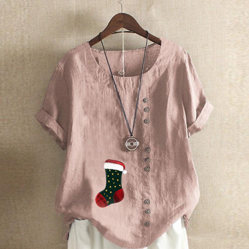 Women's Fashion Round Neck Short Sleeve T-shirt Casual Cotton Linen Graphic Shirt Leisure Loose Christmas Stocking Prined Summer Blouse Tops