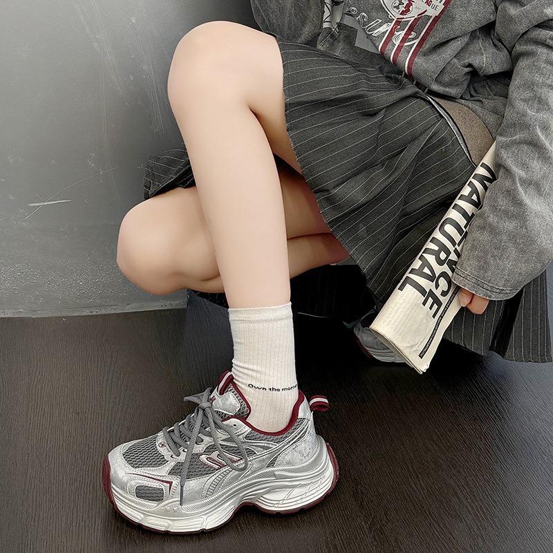 Platform dad shoes women's autumn new leather mesh breathable non-slip running shoes fashion casual sports shoes