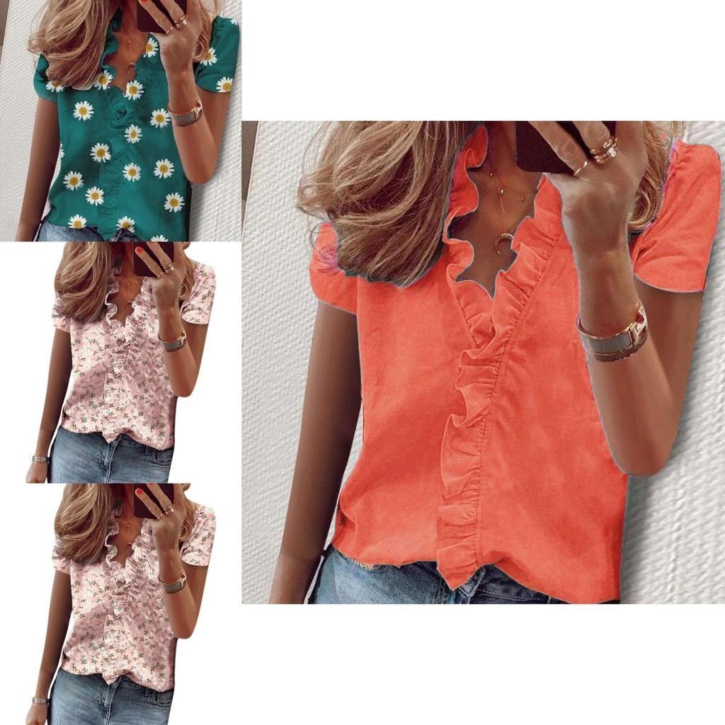 Stylish Women's V Neck Ruffle Short Sleeve T Shirt With Fashionable Daisy Print
