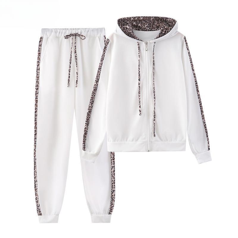 Women's Fashion Casual Spring Autumn Leopard Print Long Sleeve Hooded Trousers Pants Suits