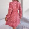 Autumn Winter Women's High Waist Pleated Dress Long Sleeve Lace Up Dot Temperament