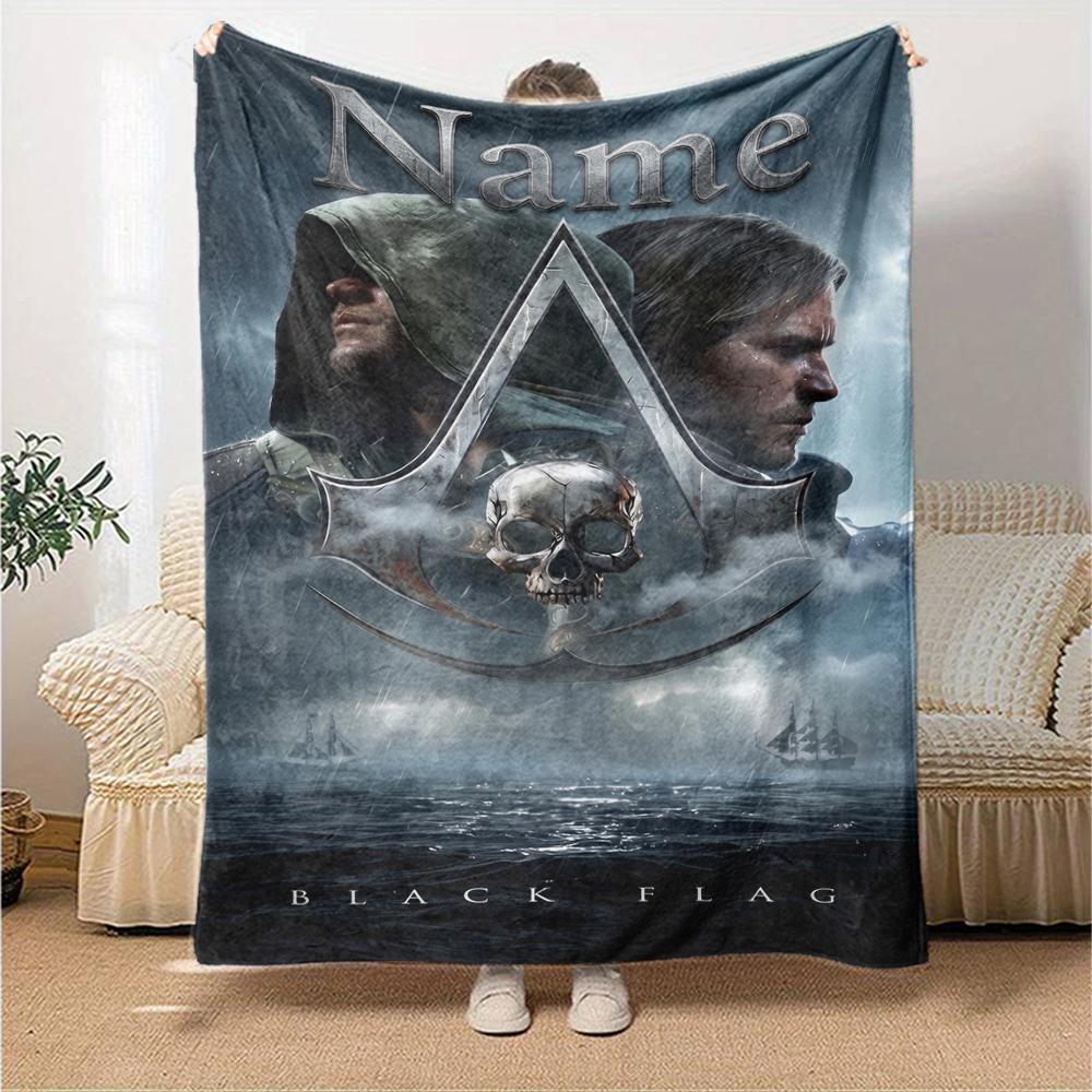 Koc z nadrukiem w stylu Assassin's Creed z imieniem na zamówienie Idealny na kanapę, łóżko, podróże, do użytku na zewnątrz Można prać w pralce Przytulny Trwały