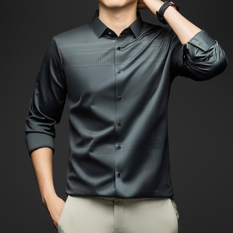 Long Sleeve Man Shirt Solid Color Business Slim Work Shirt Man 2026 Autumn New Casual Striped Print Shirt Men's Wear