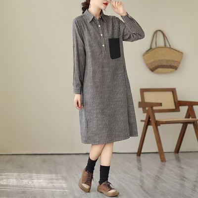 Striped Slim 100 Matching Long Skirt Shirt Collar Long Sleeve Dress Loose Skirt
