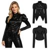 Women Victorian Blazer Stand Collar Long Puff Sleeves Button Satin Jacket Asymmetrical Blouse for Office Business Casual Theme Party