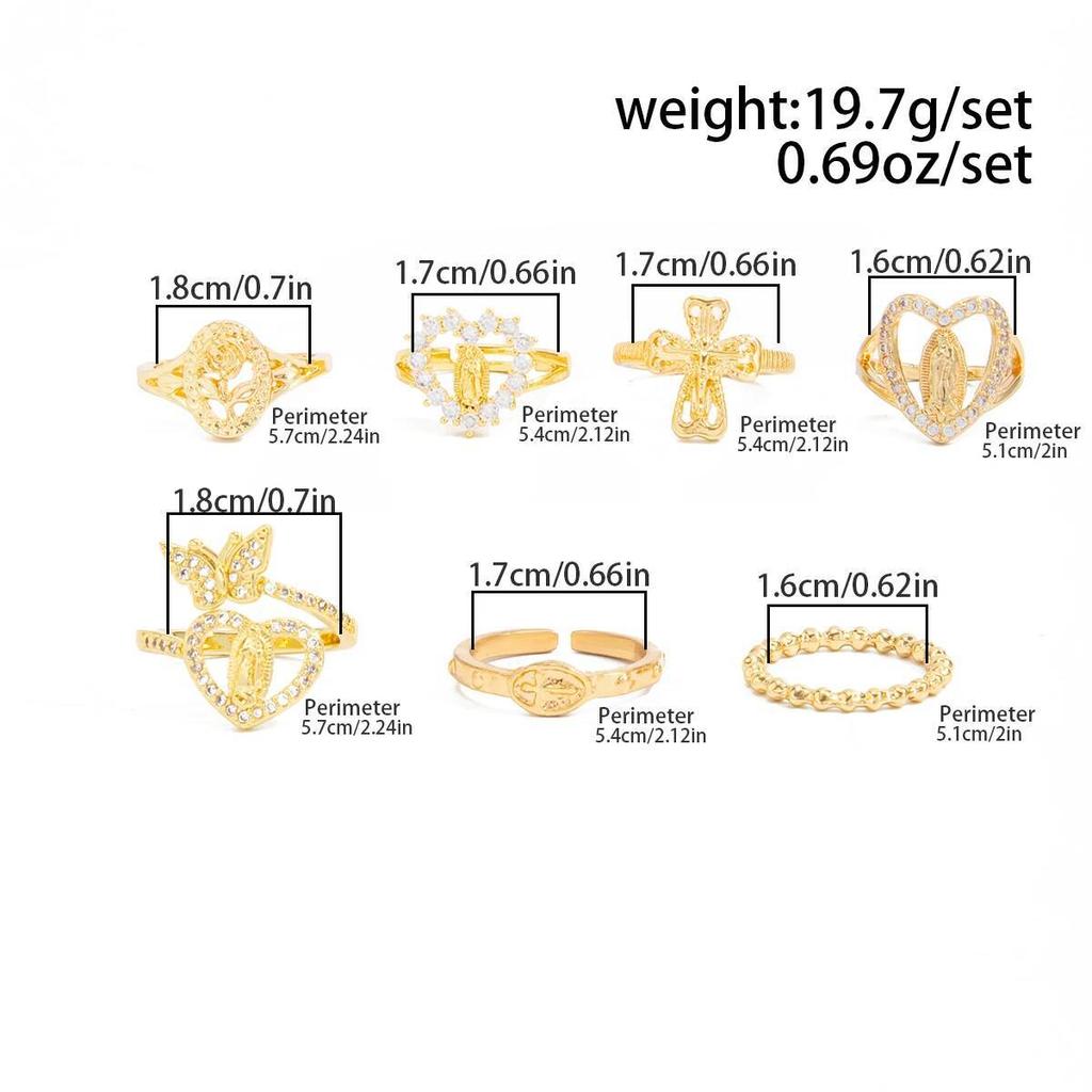 Salircon 7Pcs Trendy Vintage Heart Rhinestone Rings for Women Exquisite Metal Butterfly Chic Open Knuckle Ring Charm Jewelry Set