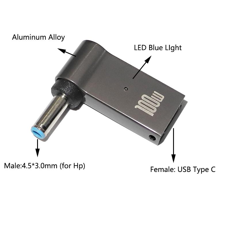 PD Type-C Female To DC Male Jack Plug Converter for HP 19.5V (4.5x3mm)