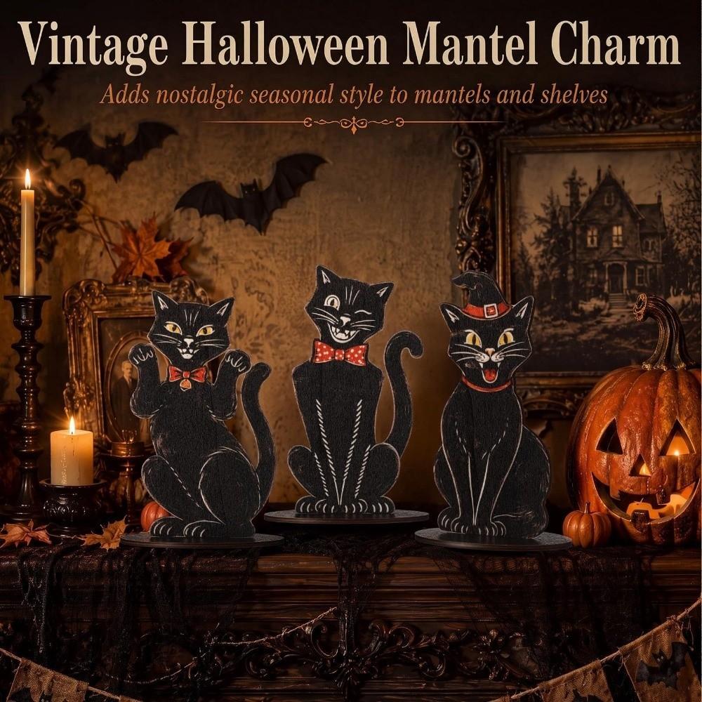 3 Pcs Vintage Sitting Cat Statue Wooden Cat Decorative Plaques Desktop Ornaments Halloween Party