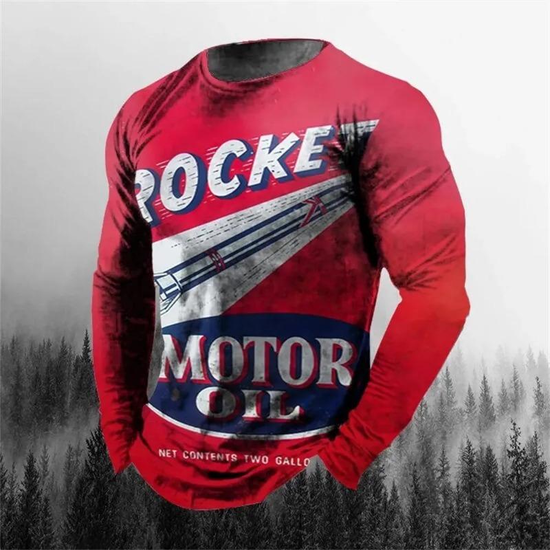 Vintage Men's T-shirt Long Sleeve Biker Tops Tees 3D Oil Print Motorcycle T Shirt Oversized Loose Texaco Man Tshirt