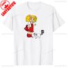 Little Girl with Red Dress and Yellow Hair and Raccoon Vibrant Cartoon Graphic Tee for Women Soft Round Neck Casual & Sporty