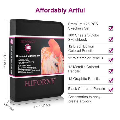 HIFORNY 176-Piece Art Supplies Drawing Kit with 100 Sheets, 3-Color Sketchbook, Graphite, Charcoal, Watercolor & Metallic Pencils, Blending Tools, and