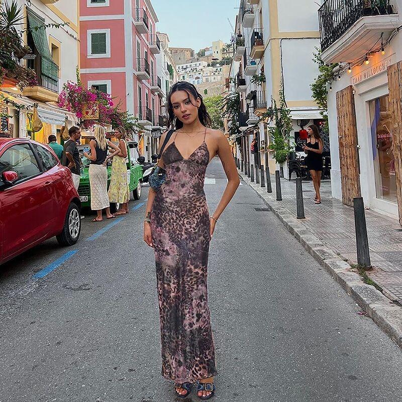Elegantné Butterfly Women Maxi Šaty Úzke šaty s potlačou Šaty na chrbte Popruhy V Neck Ohlávka Bodycon Hot Girls Club Párty Vestidos Párty šaty Y2k Šaty Župan