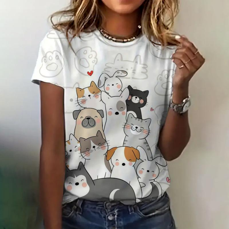 Damenbekleidung Niedliches Katze Druck T-Shirt Sommer Rundhals Kurzarm Lässiges Bequemes Oberteil Mode Locker Damen T-Shirt