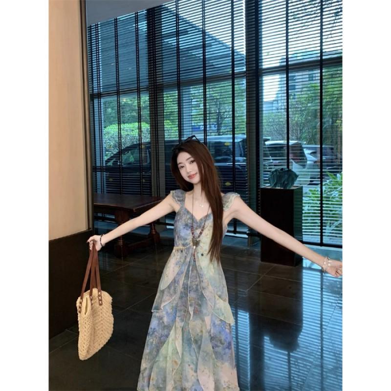 Womens Floral Print High-Waist A-Line Maxi Dress With V-Neck Sleeveless Vacation Small