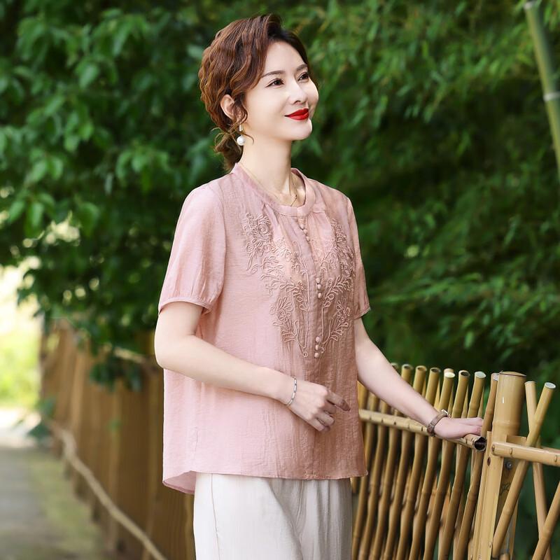 LangSha Women's Embroidered Cotton Linen Short Sleeve Top