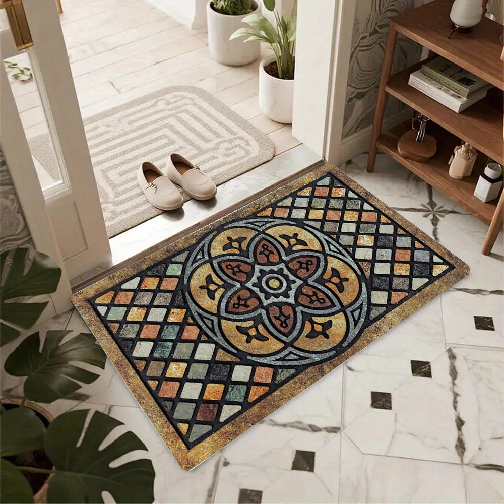 Vintage Mosaic Floral Carpet Mat Rug - "Welcome" Door Mat Non-Slip Floor Decor for Home Entrance Living Room Home Decoration