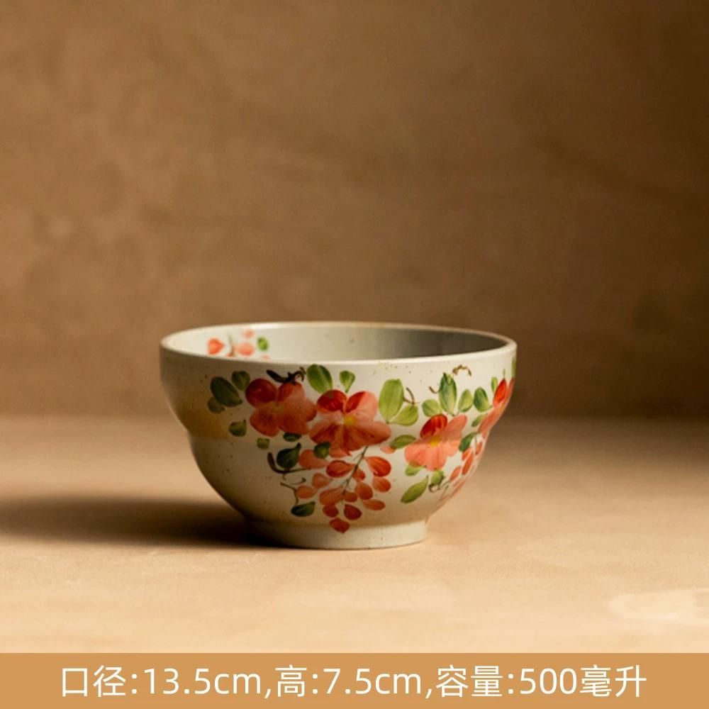 Creative Retro Pastoral Style Ceramic Bowl Hand-painted Flower Household Breakfast Bowl Soup Bowl Underglaze Color Chinese Tableware Jingdezhen