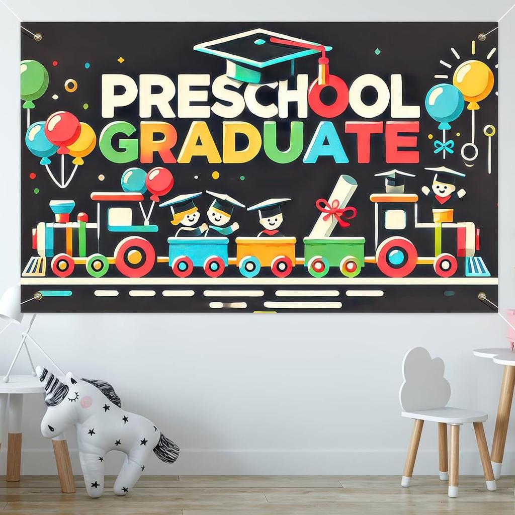 Preschool Graduation Banner Outdoor Backdrop Graduation Decorations 71x43 Inches 2025 Congrats Grad Banner with Balloons Train Ideal for Preschool