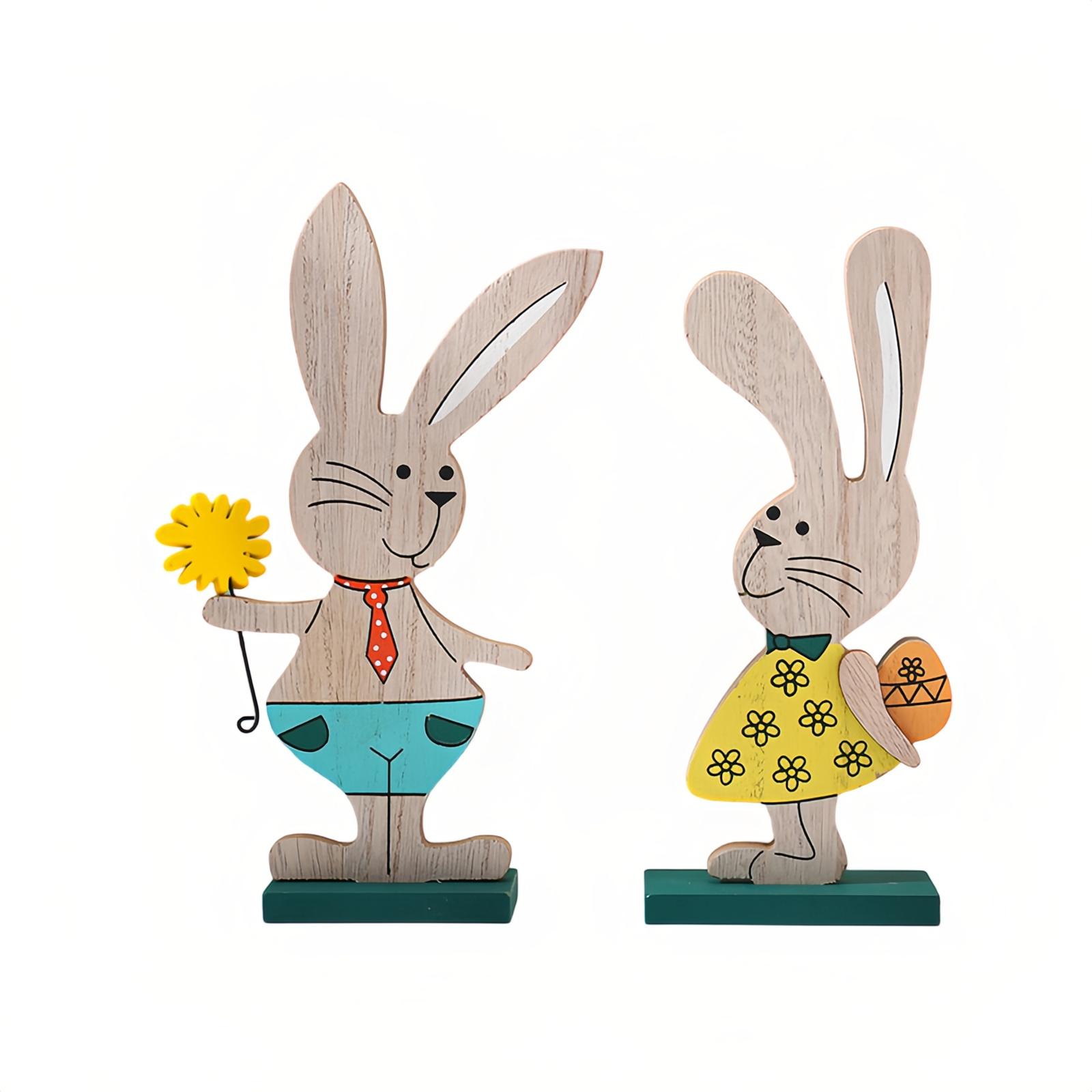 

2pcs Wooden Bunny Decor, Cute Easter Bunny Table Ornaments For Living Room Bedroom Shelf Desktop One Size