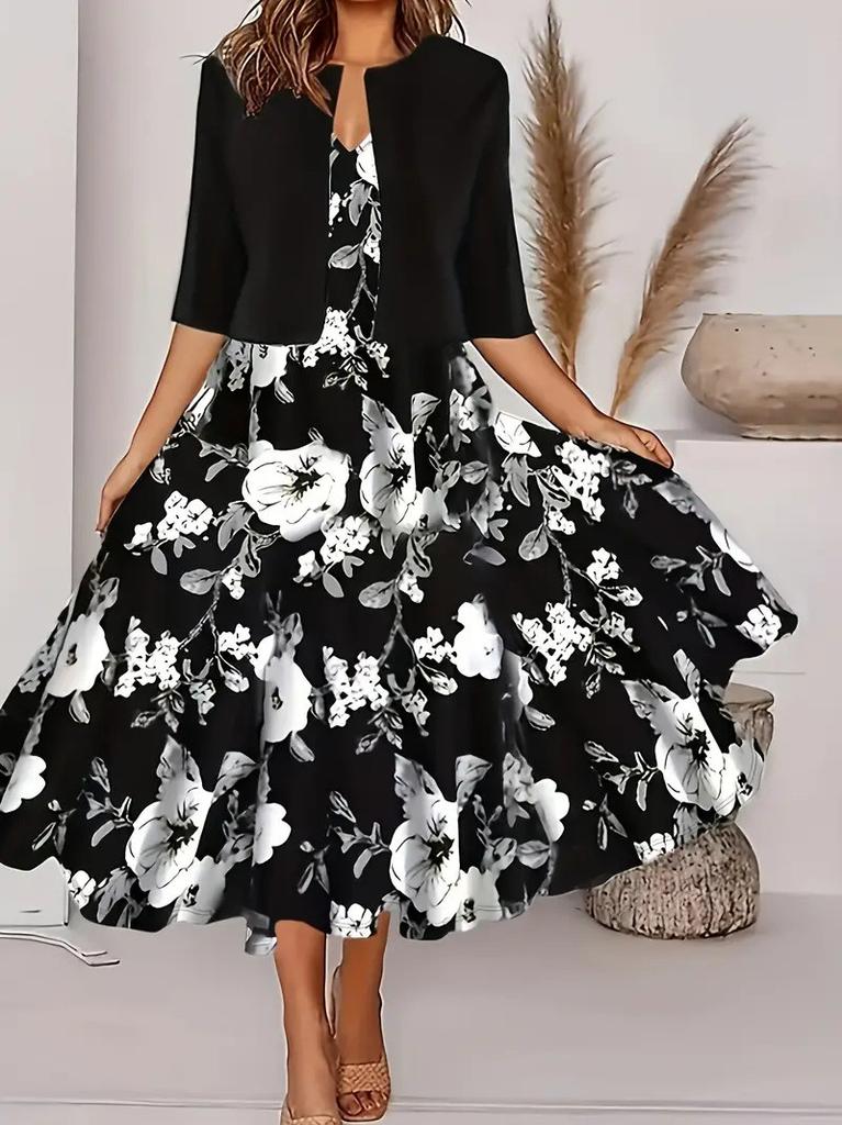 European Style Women Long Skirt Twopiece Set With Floral Print And Vneck For Casual Wear