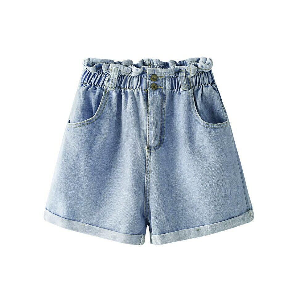 Korean Style Elastic Waist Denim Shorts - Women s High Waist Wide Leg Cuffed Hot Pants XL