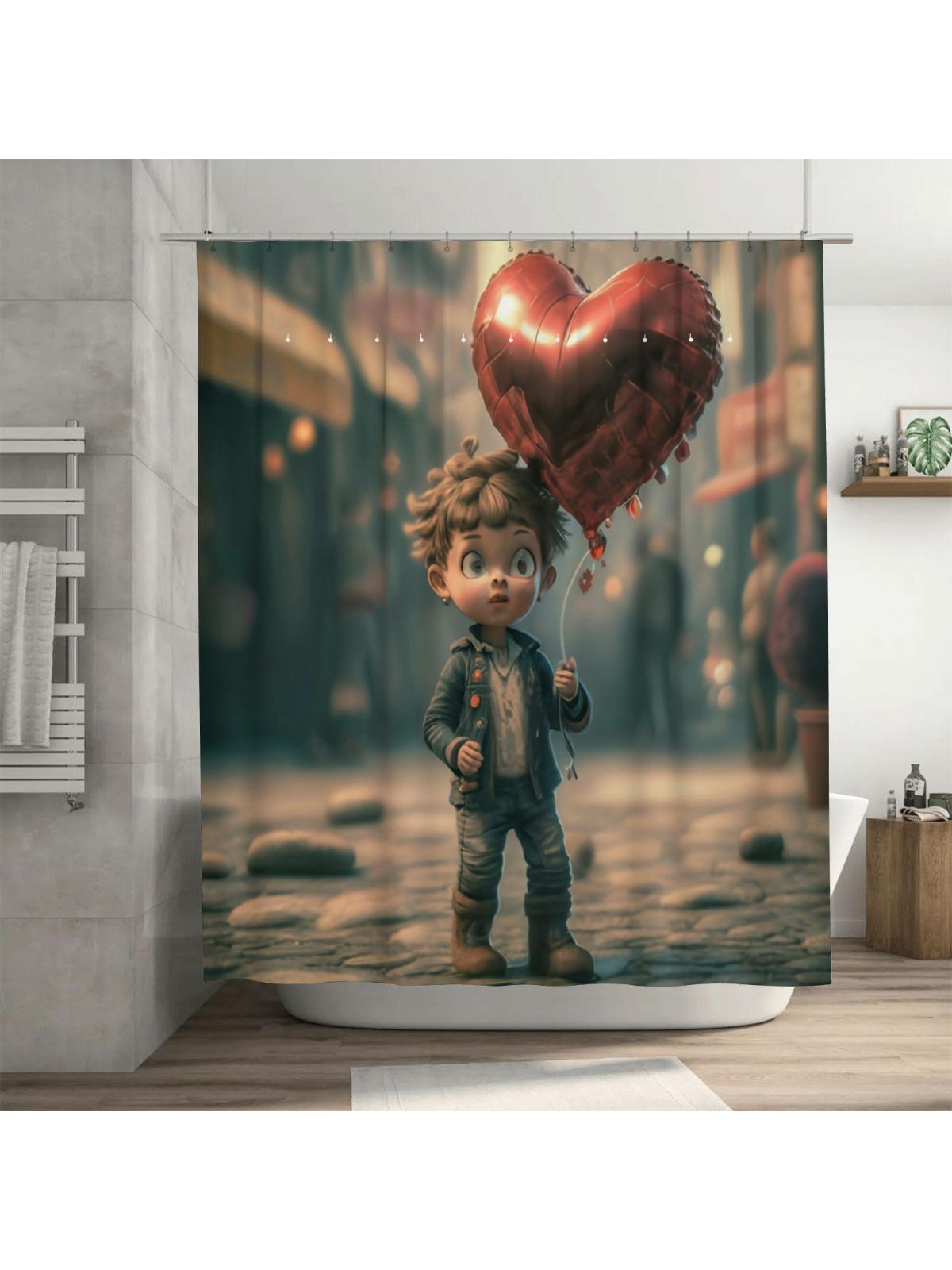 

Boy with Heart Balloon Shower Curtain | Cute Art Bathroom Decor 90X180cm