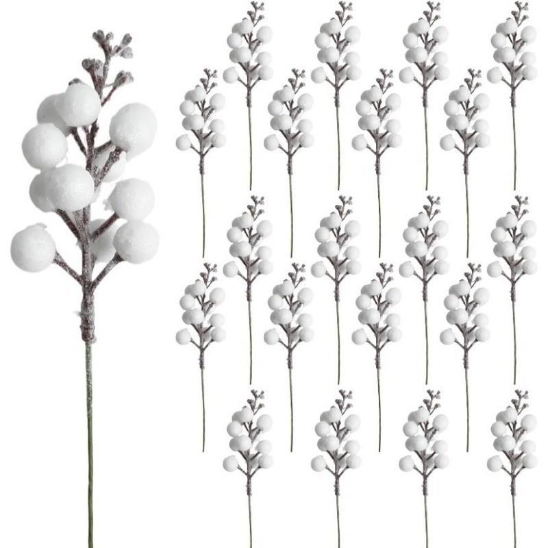 White Christmas Tree Decorations Artificial Flowers Ornaments Berry Stems Hanging Snowflakes for Xmas Tree Party Holiday Decor