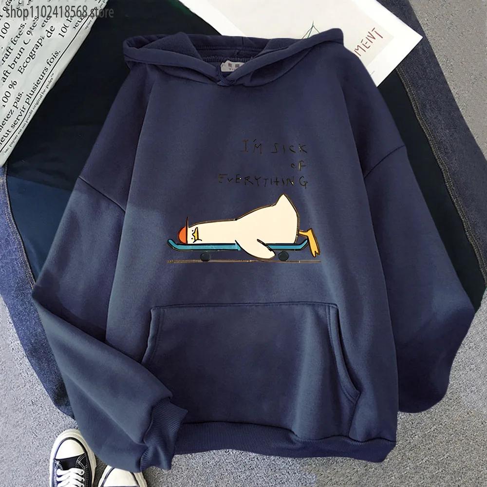 Cartoon Anime Duck Hoodies I'm Sick of Everything Sweatshirts Y2k Top Long Sleeve Street Streetwear Women Men Coat