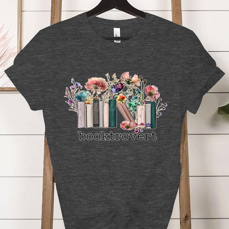 Booktrovert Fashion Casual Tshirts Funny Book Lover Summer Short Sleeve Tee Trendy Vintage Bookish Flower Classic Tops Clothes