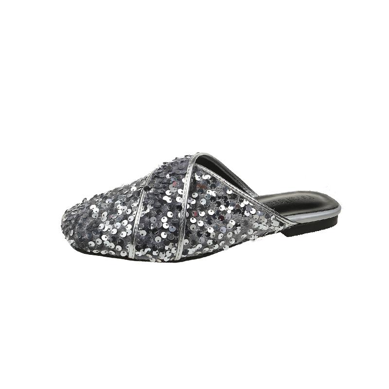 

Fashion Fashion square head sequin cloth slippers spring new Bao head deep mouth soft sole anti-slip wear-resistant flat shoes 39 серебряный