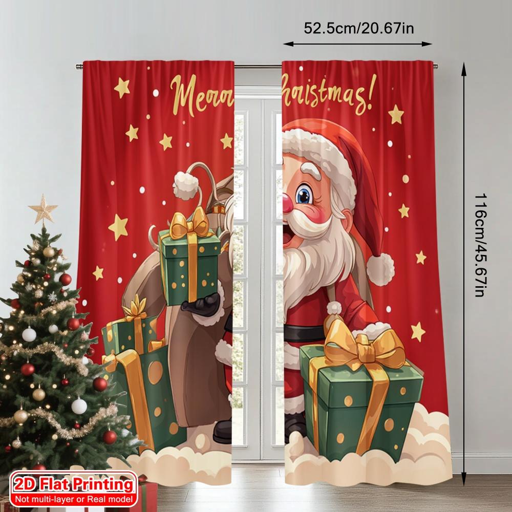 2pcs 2D Flat Printing Merry Christmas Popular Party Window Curtains Merry Christmas Santa Gifts Polyester Without Electricity