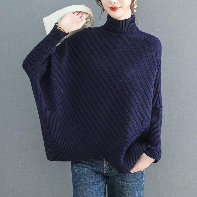 

Women s High Neck Irregular Wool Sweater - Solid Color, Fashionable, Versatile Outerwear Design 3XL темно-синий