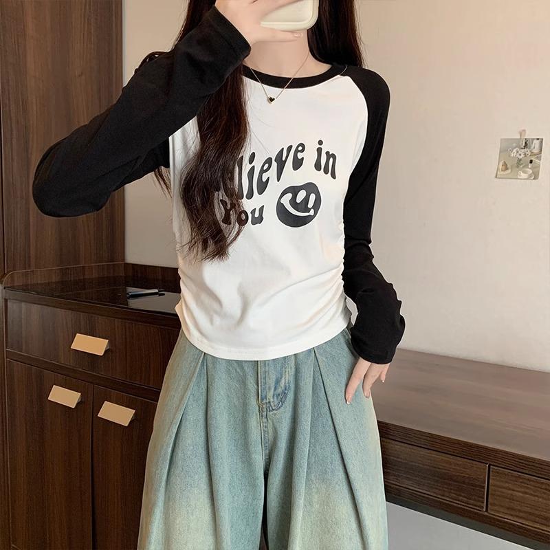 

Футболка в американском стиле ретро с защипами по бокам и длинными рукавами, женская, с круглым вырезом и буквенным принтом, короткая, осенняя XL