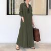 Abito Lungo Camicia da Donna con Maniche Lunghe, Scollo a V, Bottoni e Tasche in Cotone