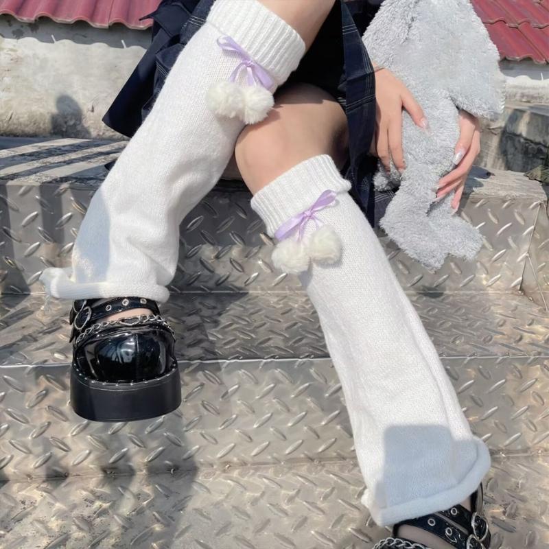 Women's Elastic Thermal Foot Covers with Furry Ball Bowknot Soft Knitted Leg Warmers Long Socks Cold Weather Accessories