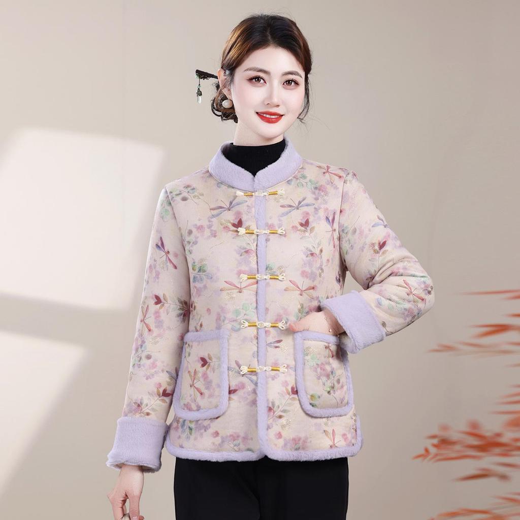 Winter Retro Chinese-Style Jacket with Frog Buttons - Warm, Thick, Plus-Size Velvet Cotton for Mothers