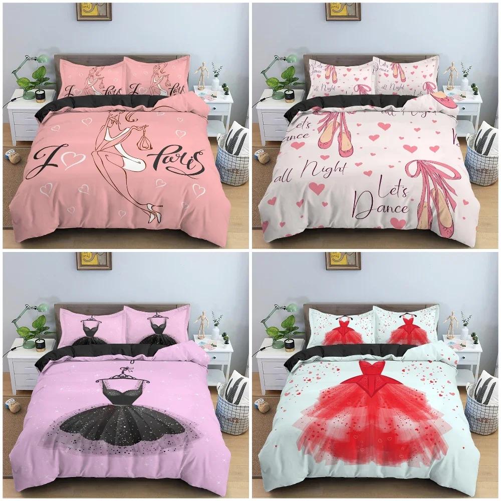 Cartoon Fashion Model Beautiful Dress Pink Comfortable Duvet Quilt Cover Pillowcase Bedding Set Bedroom Decoration Home Textile