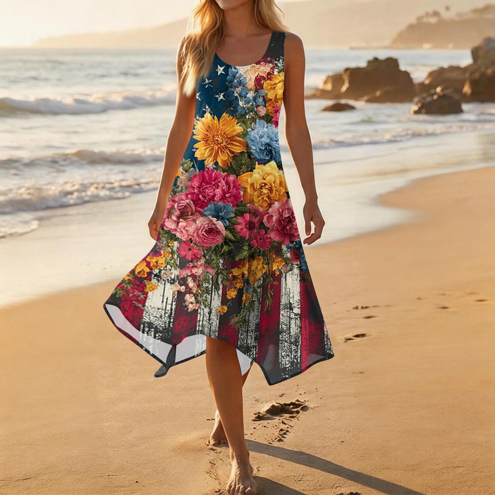 Independence Day Dress Sleeveless Floral Print Loose Fit Independence Day Dress for Women Casual Independence Day Dress Summer Wear L чёрный