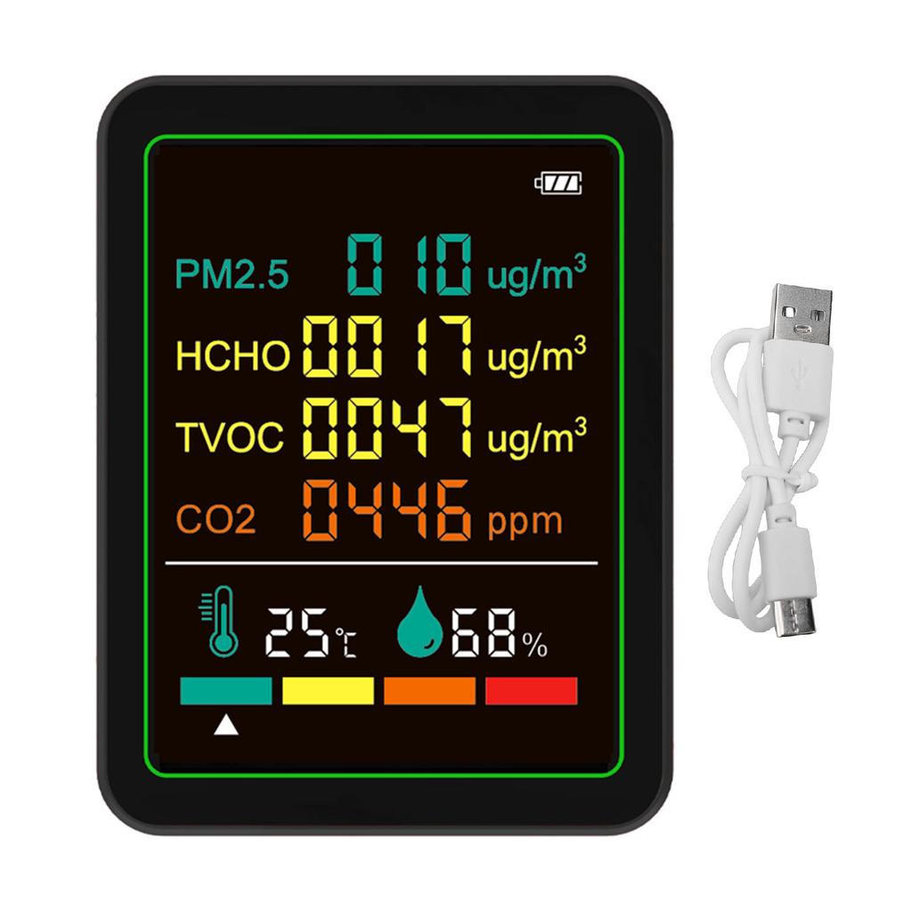 Air Quality Meter 6 in 1 CO2 TVOC HCHO PM2.5 Temperature Humidity Detect Tester Indoor Portable