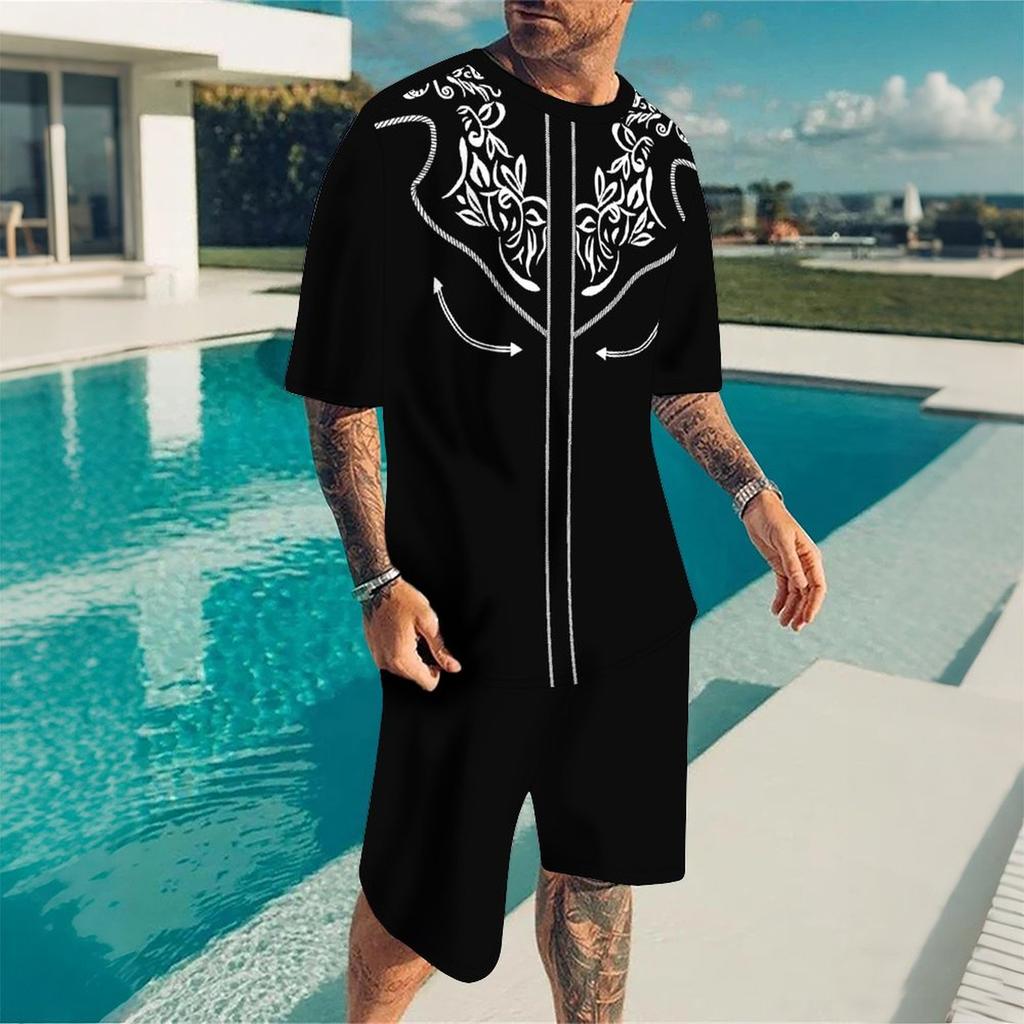 Herren 3D Seilgeflecht Muster Kurzarm T-Shirt und Passende Shorts Zweiteiliges Outfit