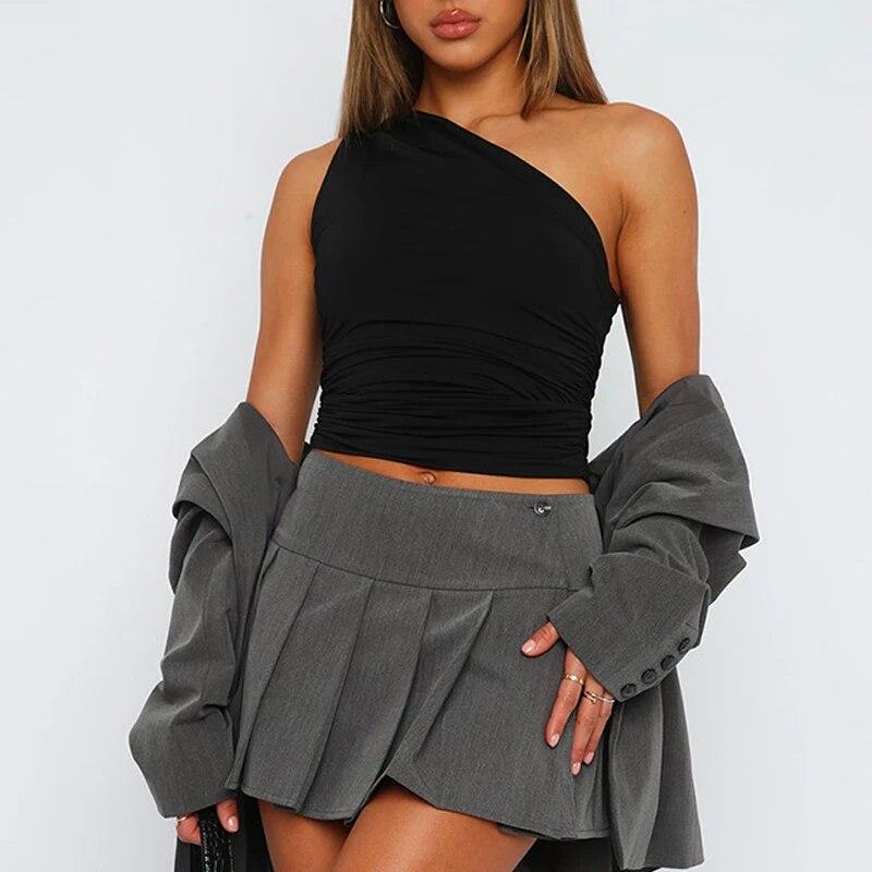 Sleeveless Diagonal Shoulder Women Vest Tops 2024 Backless Casual T-shirt Woman Solid Color Slim Fit Simple Tee Shirt 30618