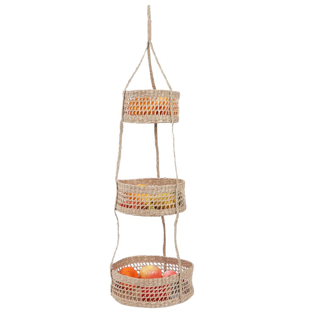 Hanging Fruit Basket Rattan 3 Tiers Multifunctional Foldable Elegant Style Easy Installation