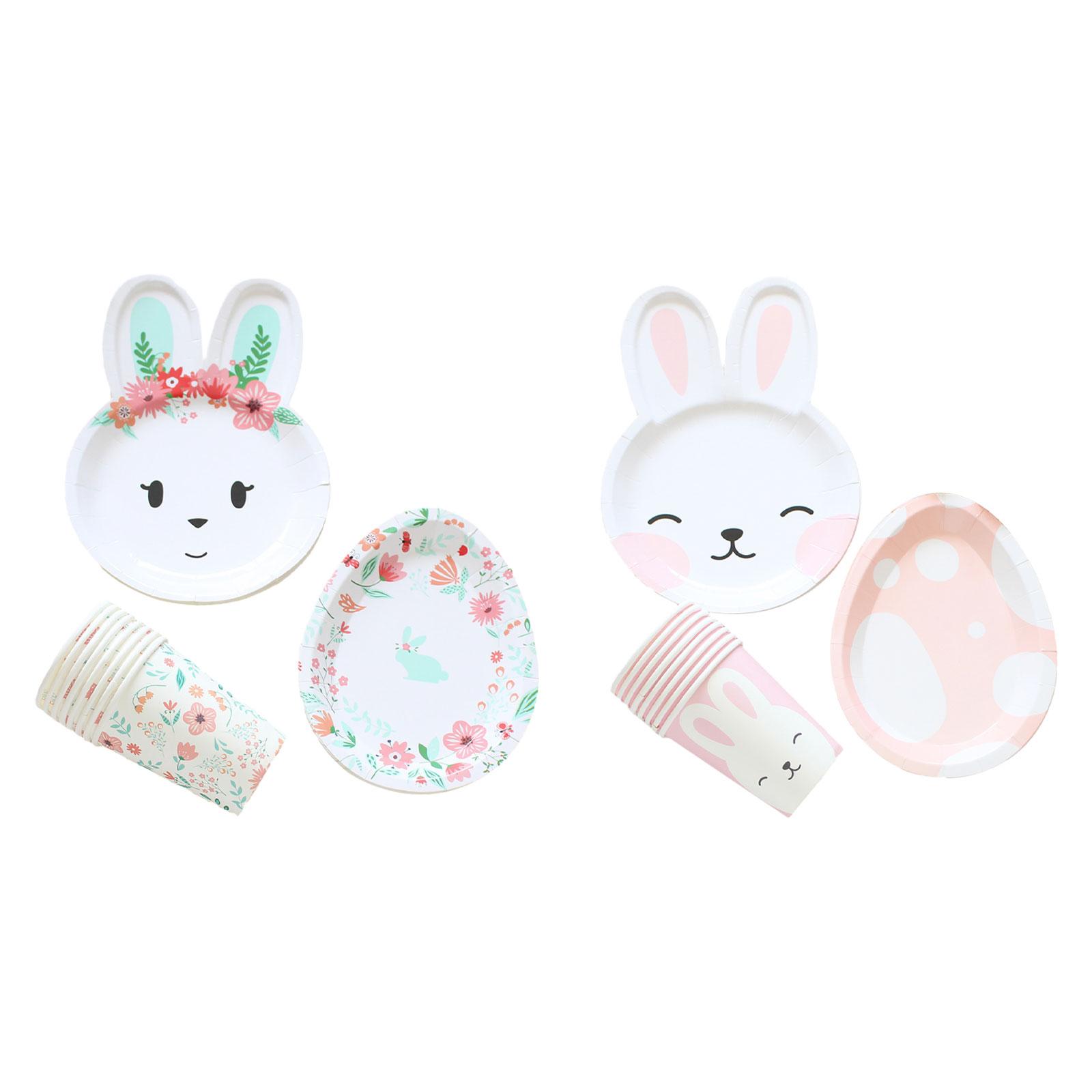 24Pcs Easter Rabbit Eggs Tableware Set Easter Bunny Eggs Plates and Cups for Picnics Apartment Dorm Festivals Family Reunions rosa