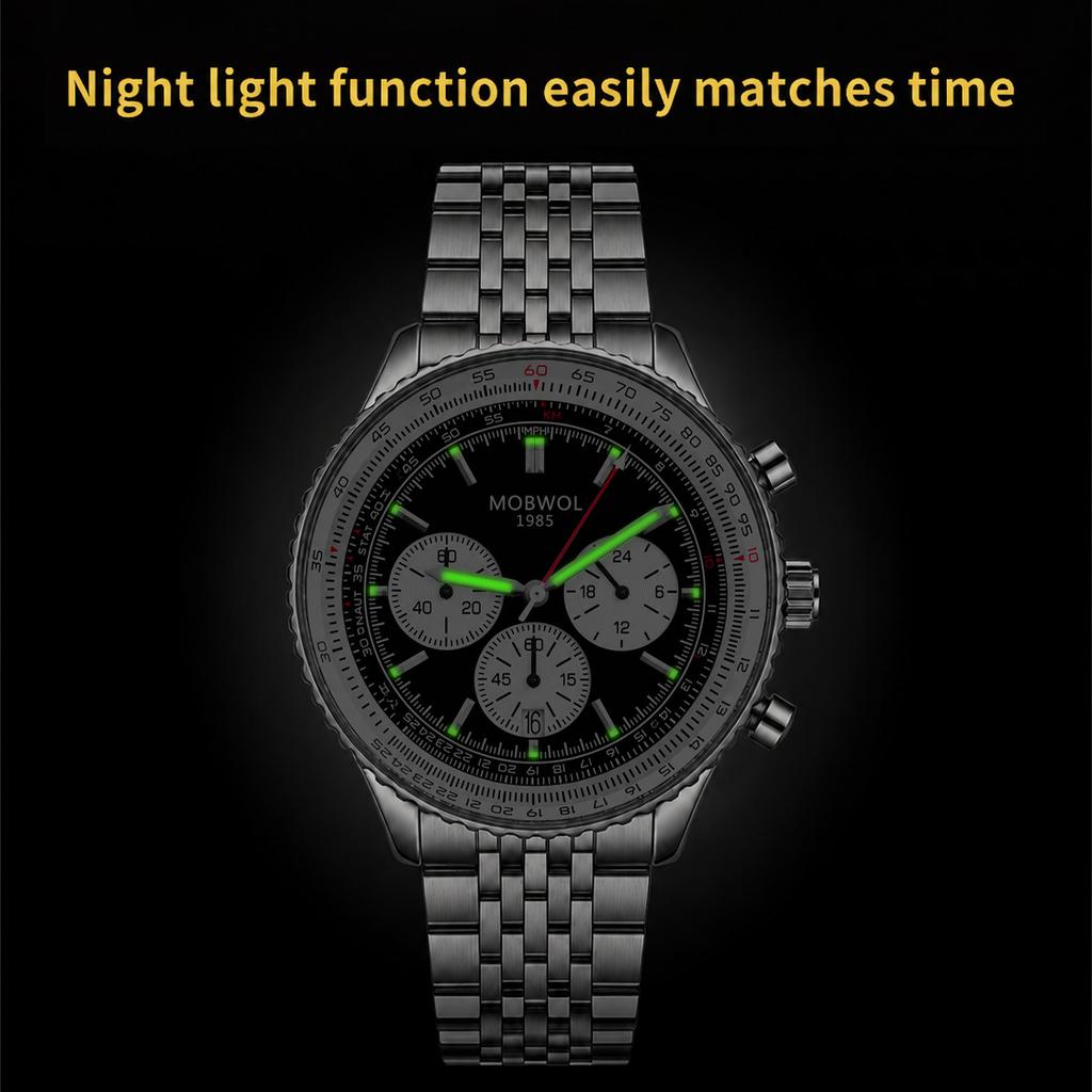 MOBWOL Men Chronograph Watch Leather Strap 30M Waterproof Quartz Sports Wristwatch Luxury Business Male Gift Watch