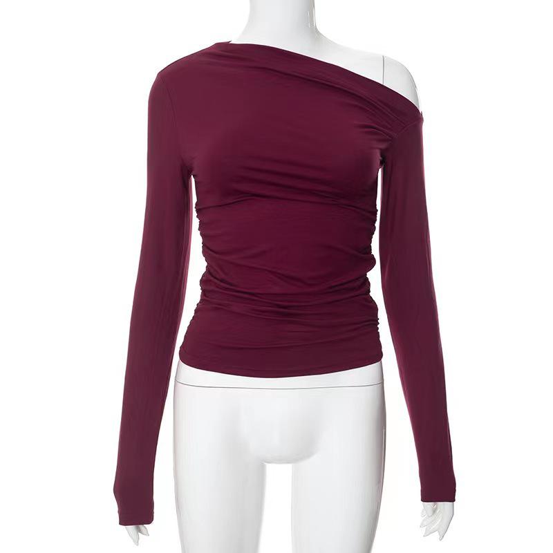 2025 Women's Asymmetrical One-Shoulder Solid Color Long Sleeve Slim Fit Cropped Top