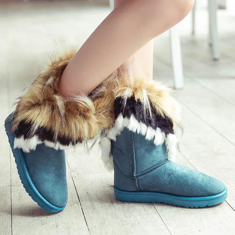Women's Mid Calf Fur Snow Boots Winter Rubber Sole Round Toe Ankle Covering Pure Color Booties